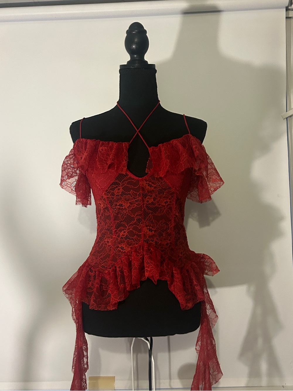 PLT NEW Red Lace Off-Shoulder Peplum Top
